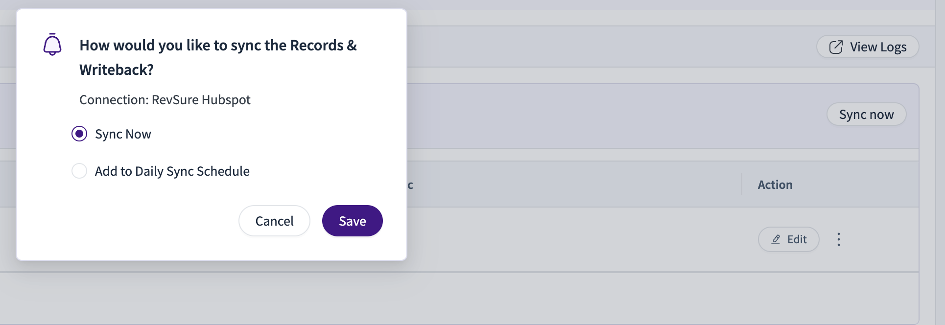 Options for syncing records with RevSure Hubspot, including immediate sync or scheduling.